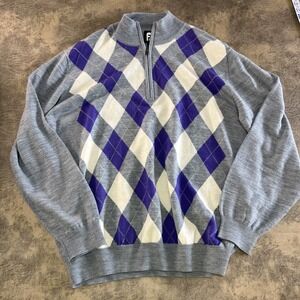 FootJoy 100% Wool Sweater Blue XL Diamond Argyle 1/4 Zip Golf